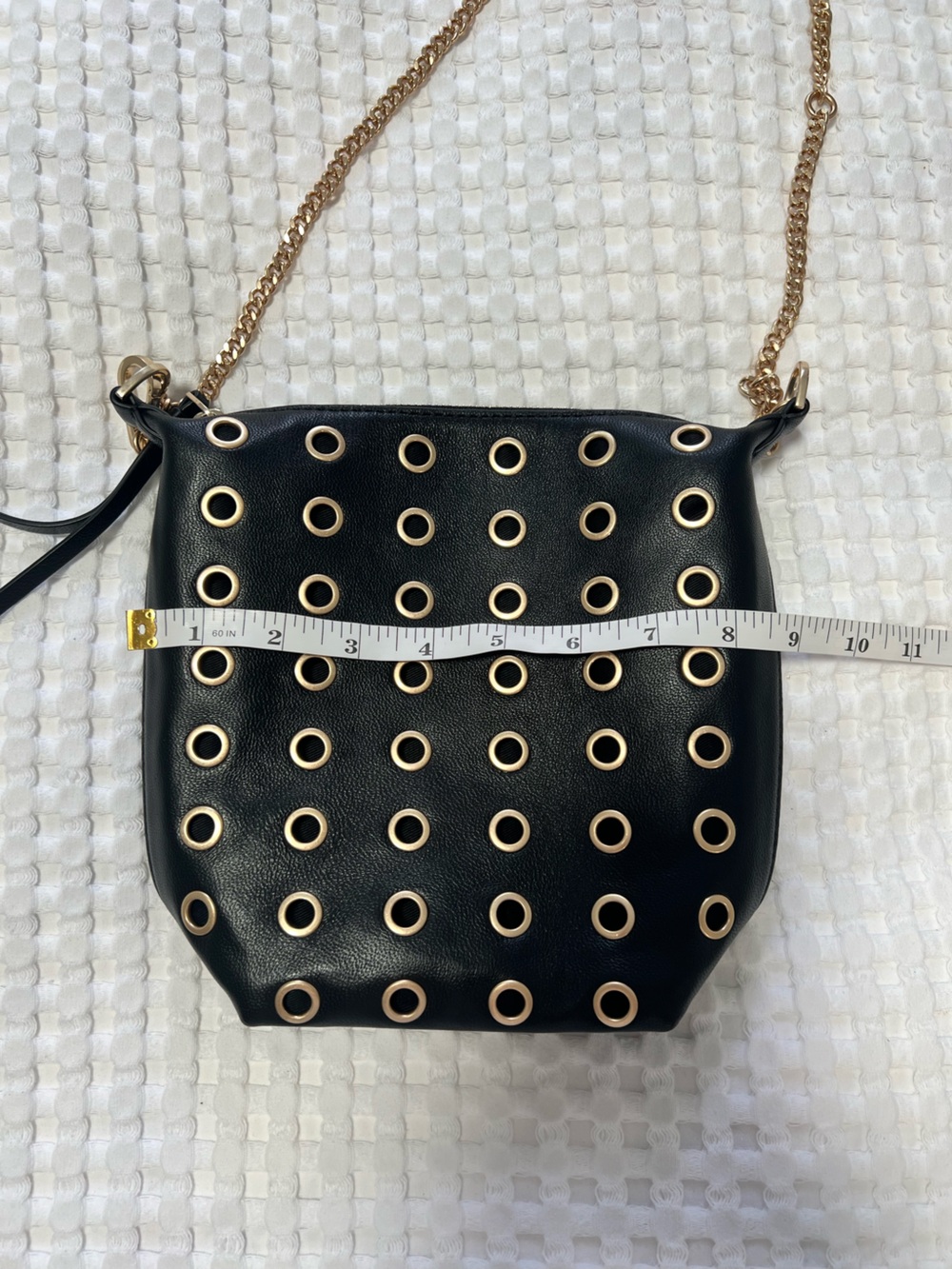 AllSaints Evaline Eyelet Leather Crossbody Bag Black Gold Chain - Picture 12 of 14